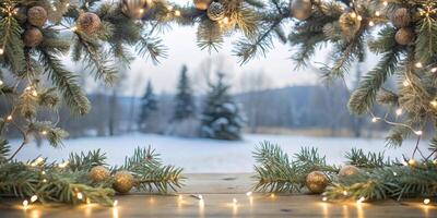 serene winter landscape framed by festive greenery and lights evokes holiday cheer photo