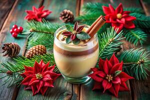 Festive Christmas drink with eggnog, cinnamon, and holiday decorations photo
