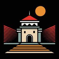 A building with a red roof and a sun in the background vector