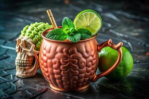 spooky Halloween drink with mint and lime garnishes evokes festive vibes photo