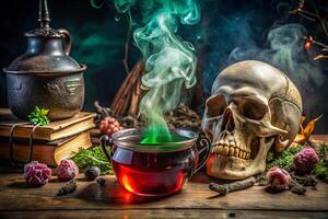 Halloween themed drink in cauldron with smoke and skull nearby photo