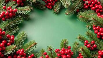 Festive holiday backdrop with pine branches and red berries. Perfect for seasonal decor photo