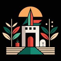 A colorful illustration of a castle with trees and flowers vector