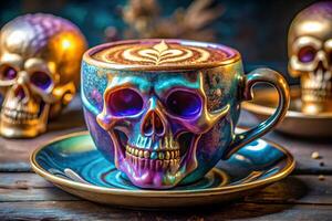 vibrant and unique skull shaped coffee cup with intricate designs photo