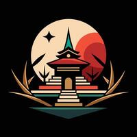 A japanese temple with a red moon in the background vector