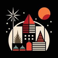 A black background with a red and white city vector