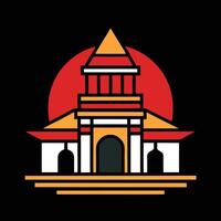 A building with a red roof and a sun in the background vector