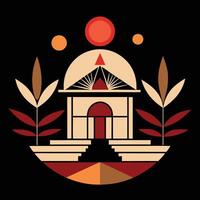 A building with a sun and a pyramid in the background vector