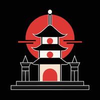 A red and black logo with a pagoda vector