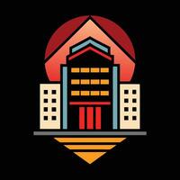 A building with a red roof and a sun in the background vector