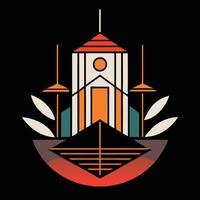 A logo for a building with a clock on it vector