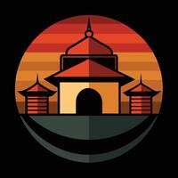 A building with a red roof and a sun in the background vector