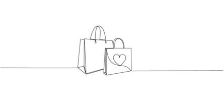 Shopping bag with heart icon in continuous single line pattern style. Paper bags. illustration. vector