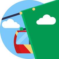 A green and red cable car is on the side of a green building vector