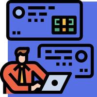 A man is working on a laptop computer with a blue background vector