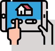 A hand holding a tablet with a house icon on it vector