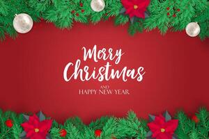 Christmas decoration border with fir branches on red background. Bright Christmas and New Year design holiday frame. Design illustration vector