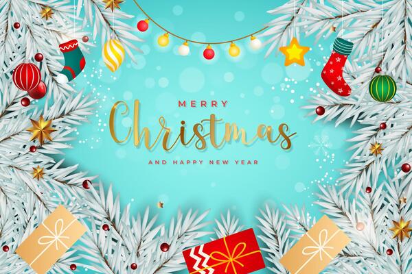 Happy New year and Merry Christmas. Creative frame made of Christmas fir pine branches with gift boxes, garland of light, snowflakes on blue holiday background. Xmas card.