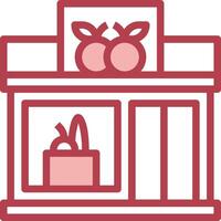 A red and white icon of a store with apples on the shelves vector