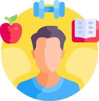An illustration of a man with a book, an apple, and a dumbbell vector