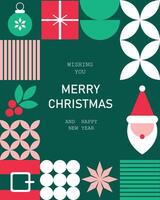 An abstract mosaic Christmas greeting card with a geometric banner featuring traditional symbols, combining classic holiday imagery with modern design elements. vector