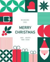 A geometric greeting card for Christmas and New Year, featuring a colorful mosaic banner with festive symbols in a clean, modern illustration style. vector
