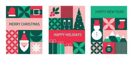 A set of greeting cards for Christmas and New Year featuring trendy mosaic abstract elements and geometric banners, perfect for modern, stylish, and festive designs. vector