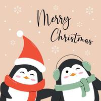 A Christmas and New Year greeting card, poster, or banner featuring cute penguins in flat style, perfect for adding a cheerful and playful touch to holiday celebrations. vector