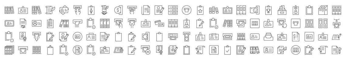 Collection of Line Icons of Employee Badge, Documents, Clipboard, ID Card. Editable Stroke. Minimalistic Linear Pictogram for Design of Cards, Apps, Banners, Posts vector