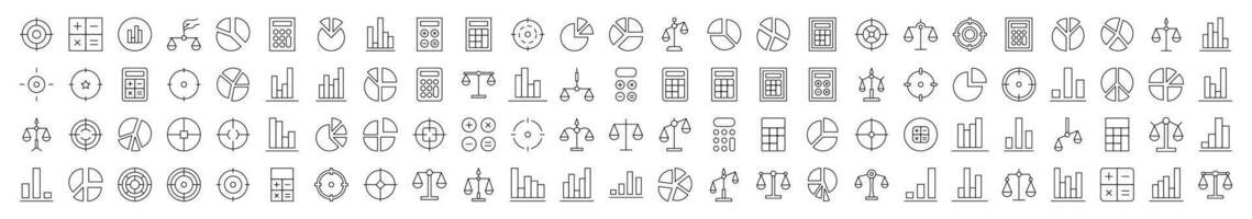 Set of Line Icons of Scales, Target, Calculator, Diagram, Business. Editable Stroke. Minimalistic Linear Pictogram for Design of Cards, Apps, Banners, Posts vector