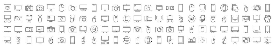 Devices Bundle of Related Line Icons. Editable Stroke for Design, Web Sites, Apps, Cards. Contains Linear Images of Phone, Photo Camera, Computer Mouse and PC vector