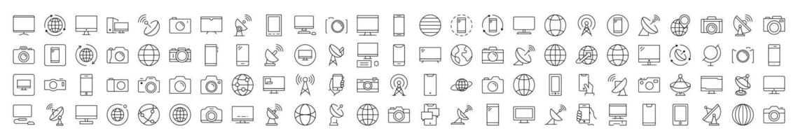 Collection of Line Icons of Photo Camera, Globe, Computer, Radio Locator, Phone. Editable Stroke. Minimalistic Linear Pictogram for Design of Cards, Apps, Banners, Posts vector