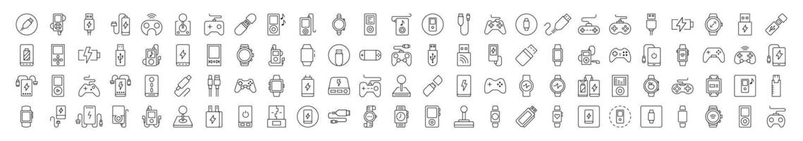 Joystick, Gamepad, Charger, Watch, Flash Card, USB Bundle of Thin Icons. Editable Stroke. Suitable for Web Sites, Books, Cards, Apps vector