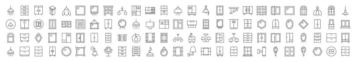 Window, Lamp, Mirror, Dresser, Chandelier Related Line Icons for Web Sites, Books, Cards, Apps. Editable Stroke. Suitable for Web Sites, Books, Cards, Apps vector