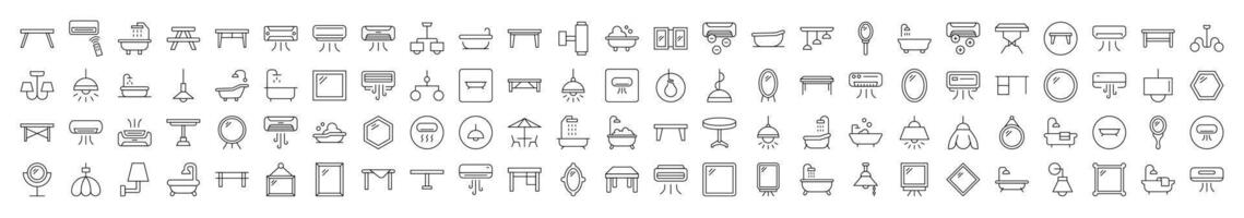 Interior Line Icon Set. Contains Icons of Conditioner, Mirror, Table, Lamp, Chandelier, Bathroom that Can Be Used for Design of Cards, Posts, Apps, Web Sites vector