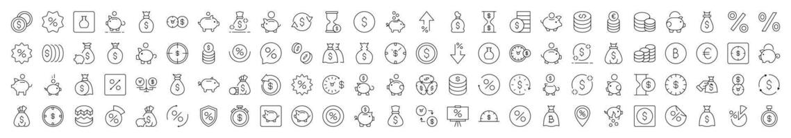 Simple Linear Icon of Piggy Bank, Dollar, Coin, Percent. Editable Stroke. Minimalistic Linear Pictogram for Design of Cards, Apps, Banners, Posts vector