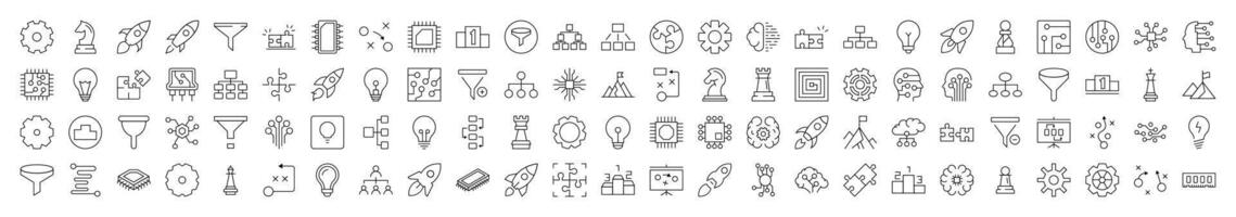 Minimalistic Linear Illustrations of Data and Analytics. Contains Icons of Puzzle, Funnel, Gear, Cogwheel, Spaceship that Can Be Used for Design of Cards, Posts, Apps, Web Sites vector