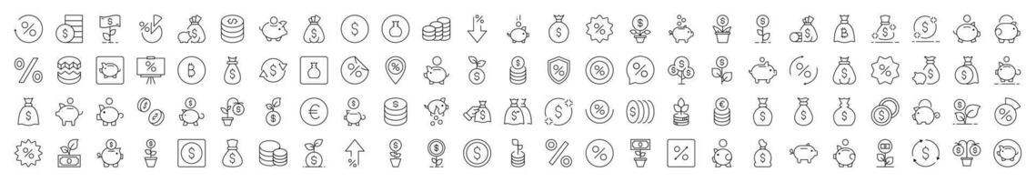 Pack of Finance Related Line Icons. Editable Stroke for Design, Web Sites, Apps, Cards. Contains Linear Images of Piggy Bank, Percent, Coin, Tree Money vector