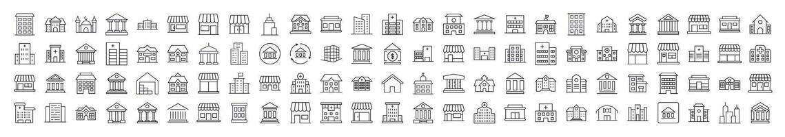 Various Houses and Constructions Line Icon Set. Modern Collection for Design, Web Sites, Apps, Cards. Contains Linear Images of Apartment Buildings, Banks, Stores, Hospitals vector