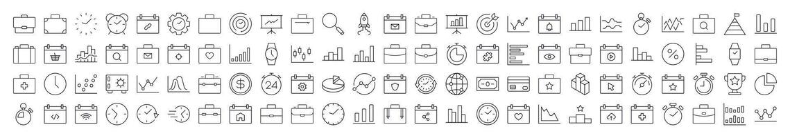 Business Line Icon Bundle. Modern Collection for Design, Web Sites, Apps, Cards. Contains Linear Images of Briefcase, Clock, Startup, Analyzing, Management vector