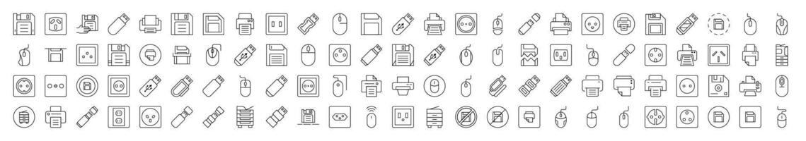 Line Icon Set of Gadgets. Contains Icons of Icons of Outlet, Mouse, Memory Card, Printer that Can Be Used for Design of Cards, Posts, Apps, Web Sites vector