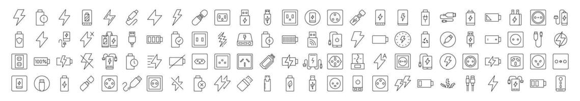 Energy Line Icon Pack. Modern Collection for Design, Web Sites, Apps, Cards. Contains Linear Images of Battery, USB Cable, Charger, Outlet vector