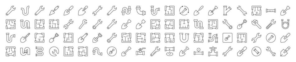 Bundle of Repair and Renovation Related Line Icons. Editable Stroke for Design, Web Sites, Apps, Cards. Contains Linear Images of Floor Plan, Shovel, Spanner, Pipe vector
