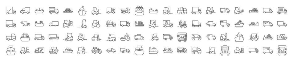 Pack of Line Icons of Ship, Van, Tractor. Editable Stroke. Minimalistic Linear Pictogram for Design of Cards, Apps, Banners, Posts vector