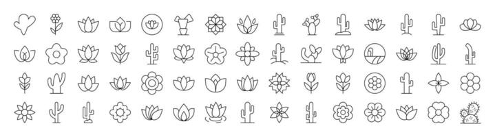Pack of Flower Related Line Icons. Editable Stroke for Design, Web Sites, Apps, Cards. Contains Linear Images of Plants with Petals and Cactuses vector