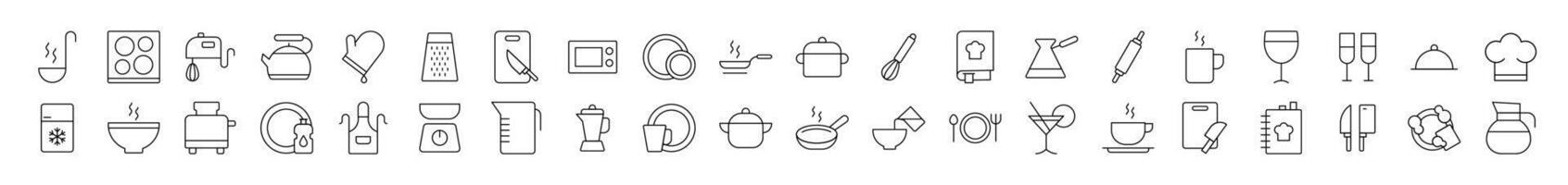 Line Icon Set of Kitchen and Cooking. Contains Icons of Cutting Board, Frying Pan, Cutlery, Cookbook that Can Be Used for Design of Cards, Posts, Apps, Web Sites vector