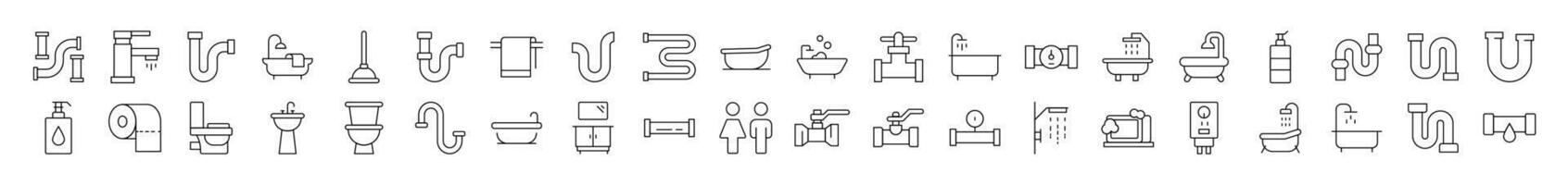 Plumbing, Faucet, Bathroom Bundle of Thin Icons. Editable Stroke. Suitable for Web Sites, Books, Cards, Apps vector