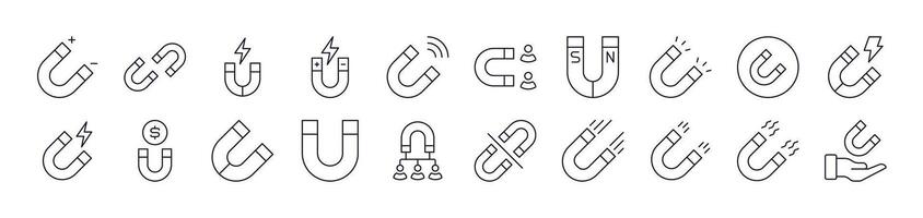 Magnet Outline Web Line Icons Collection. Editable Stroke. Minimalistic Linear Pictogram for Design of Cards, Apps, Banners, Posts vector