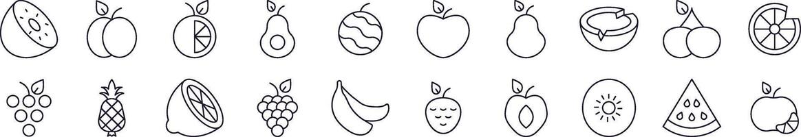Watermelon, Coconut, Grape and Other Fruits Outline Web Line Icons Collection. Editable Stroke. Minimalistic Linear Pictogram for Design of Cards, Apps, Banners, Posts vector
