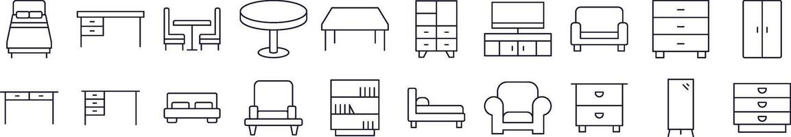 Simple Linear Icon of Table, Closet, Mirror, Chair and Table. Editable Stroke. Minimalistic Linear Pictogram for Design of Cards, Apps, Banners, Posts vector